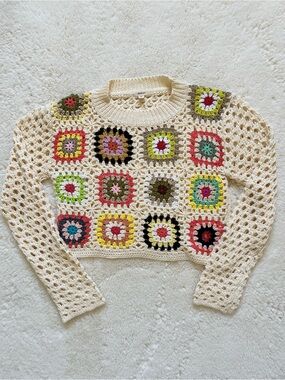 Debut Women's Crochet Granny Square Open-Knit Pullover Sweater Ivory XS